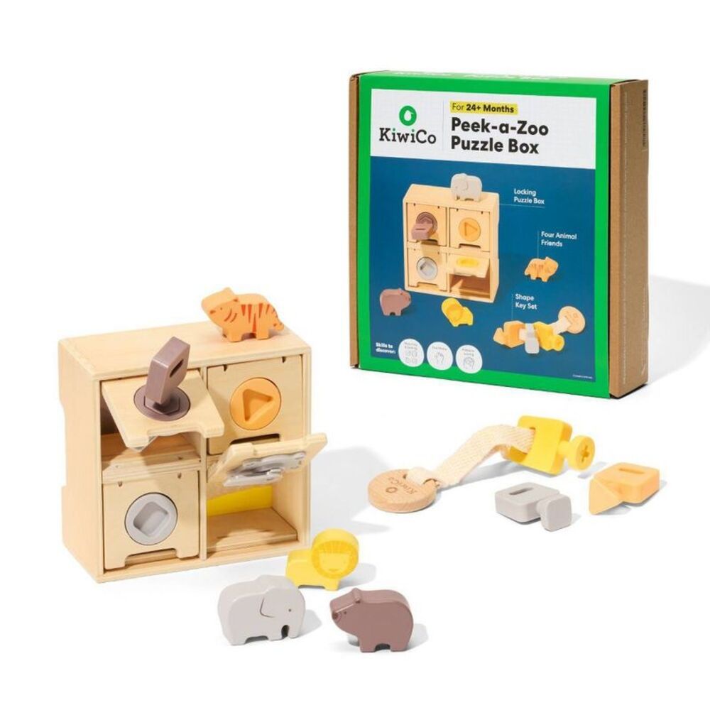 10pc KiwiCo Peek-a-Zoo Wooden Puzzle Box Activity w/ Shapes Animals Locking Keys